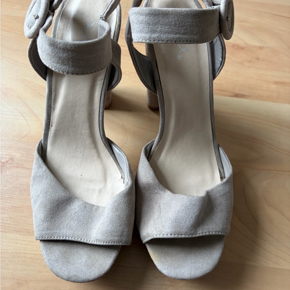 Suede Ankle-Strap Block Heel Sandals in Beige
